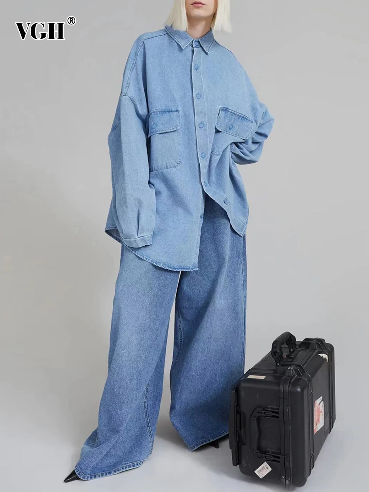 

VGH Casual Denim Two Piece Sets For Women Lapel Long Irregular Hem Shirts High Waist Loose Wide Leg Pants Solid Set Female New