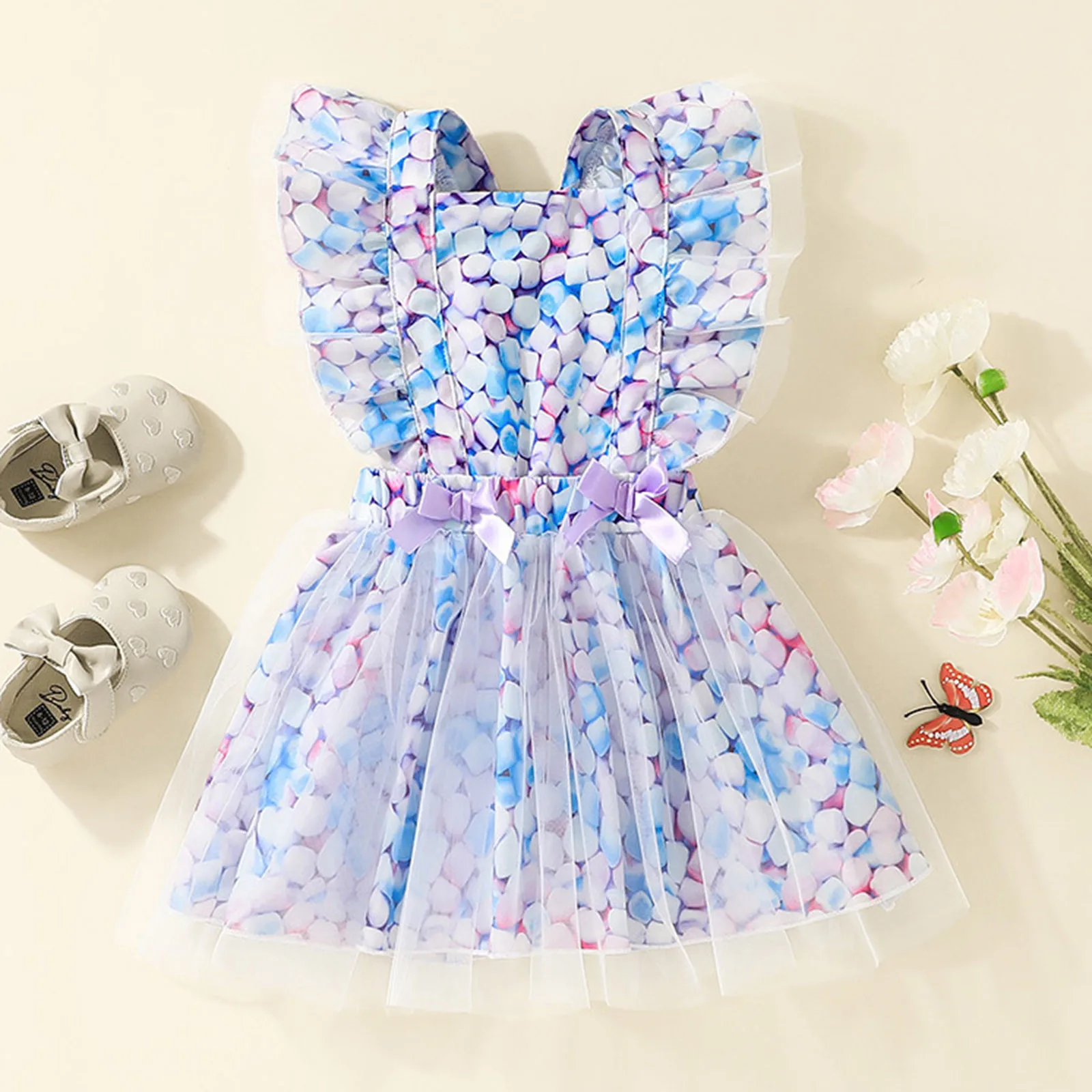 

1-5 Years Toddler Girls Ruffles Backless Tulle Bowknot Princess Dress Summer Sleeveless My First Thanksgiving Baby Girl Dress