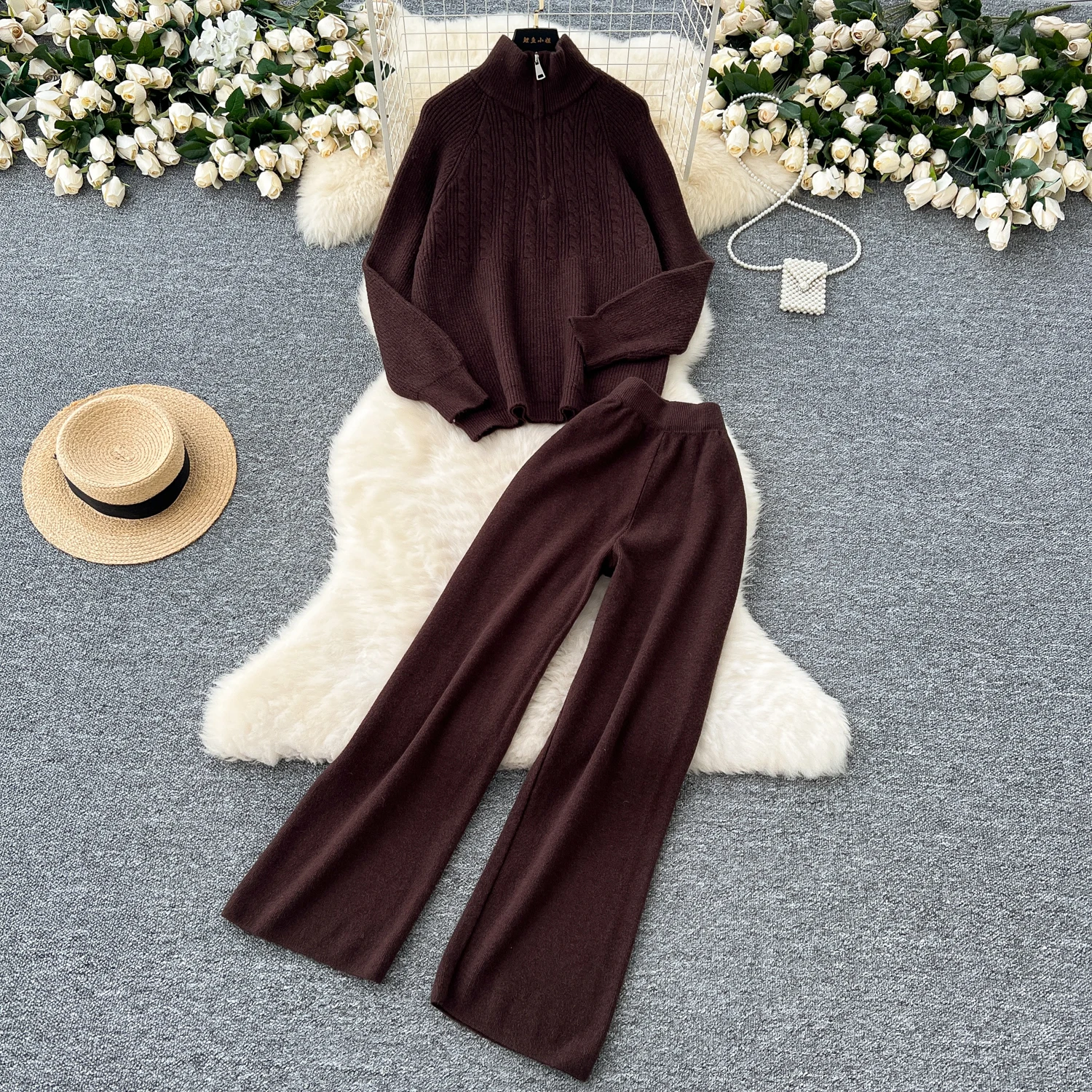 Женский трикотажный брючный костюм Повседневный свитер на молнии с