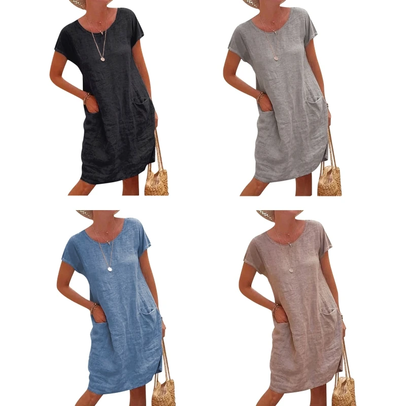 

Loose Dress Cotton Linen Pocket Round Neck Short Sleeve Dress Beach Travel Dress