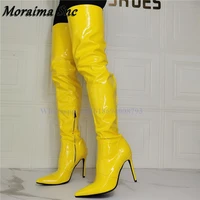 new thigh high yellow boots side zipper solid patent leather thin high heel boots over the knee women boots sexy zapatos mujer