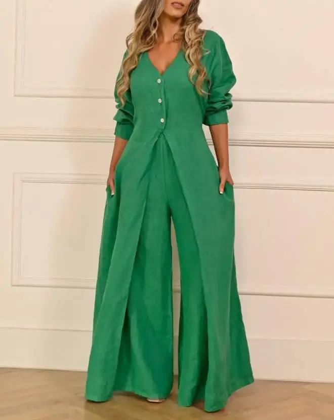 

Summer Casual High Slit Buttoned Longline Top & Pants Set Europe & America Fashion V-Neck Plain Fashion Daily Two Piece Outfits