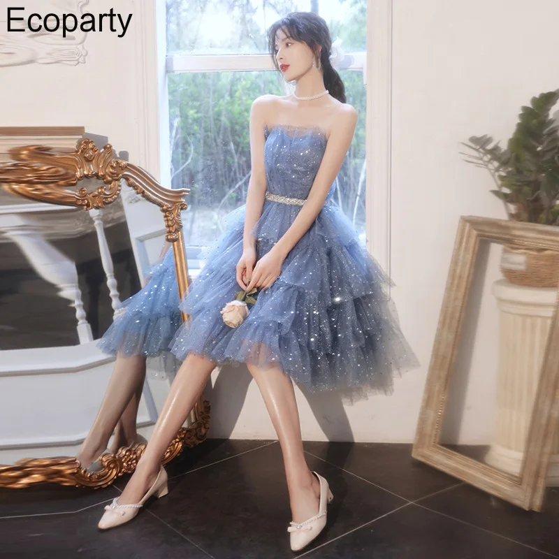 

Женское элегантное вечернее платье принцессы во французском стиле, синее Привлекательное платье миди без бретелек, модное характерное банкетное вечернее платье, 2022