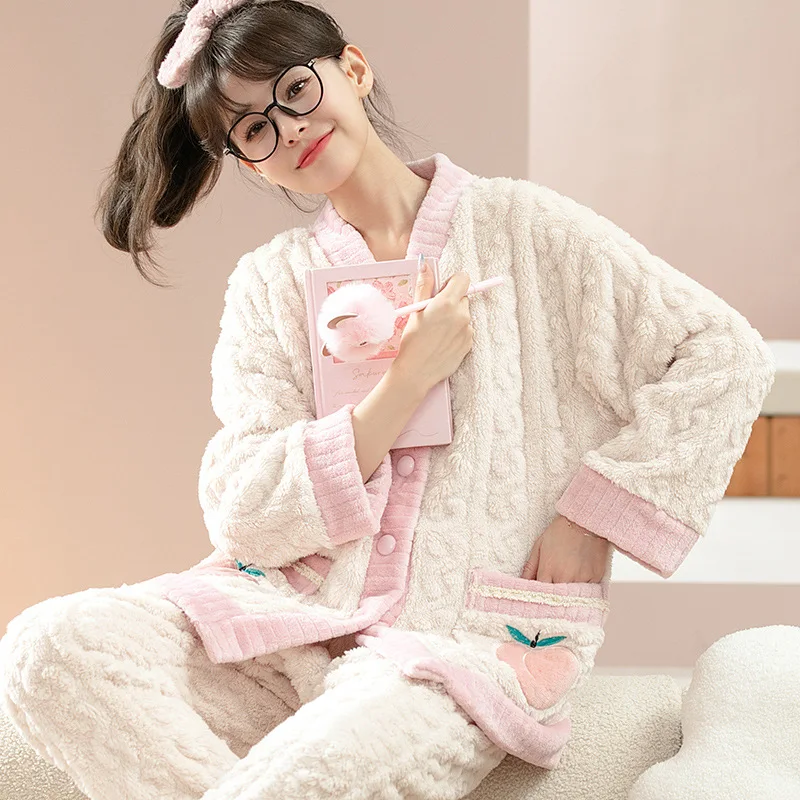 Autumn Winter New Warm Flannel Women's Pajamas Set Long-sleeved Trousers Two-piece Set Cute Soft Home Wear Clothes Set for Girl