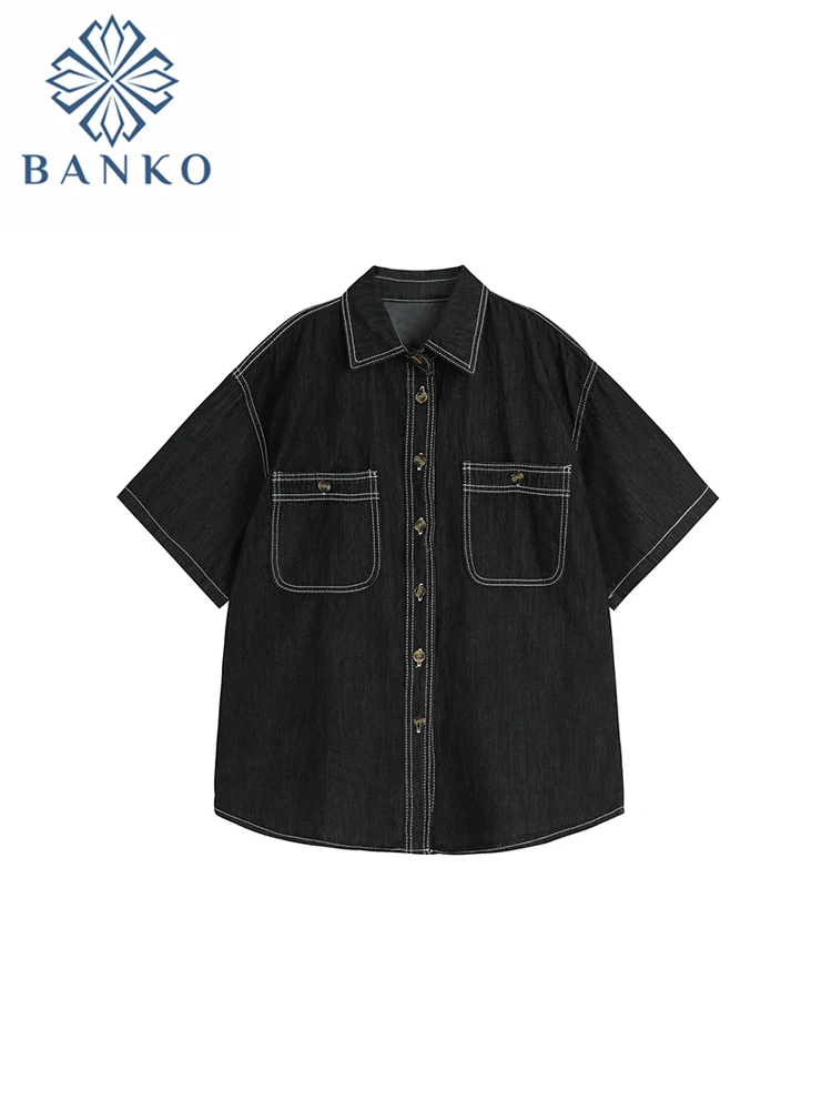 

Блузка женская джинсовая с отложным воротником, свободная Повседневная рубашка с коротким рукавом, простой базовый дизайн, яркая линия, весна-лето 2023