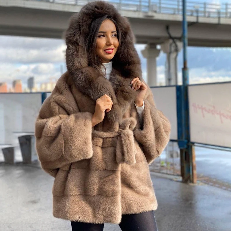 Fox Fur Hooded Patchwork Mink Jacket Women Winter New High Street Cozy Outertwear Lady Luxury Genuine Mink Fur Coat Femael