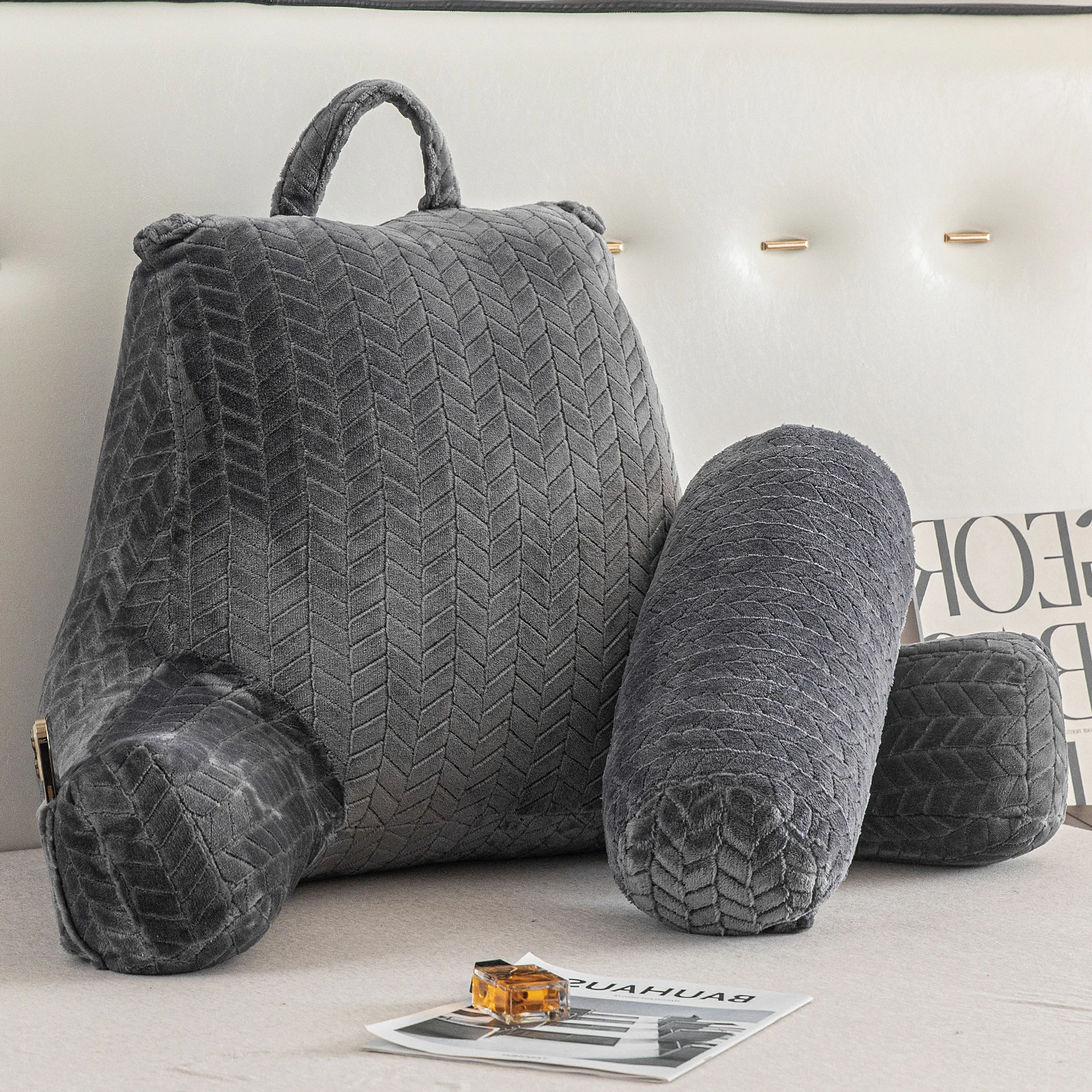 

Подушка для чтения на кровать, подушка для сидения, подушка для дивана с подлокотниками, боковые карманы, съемная подушка для шеи