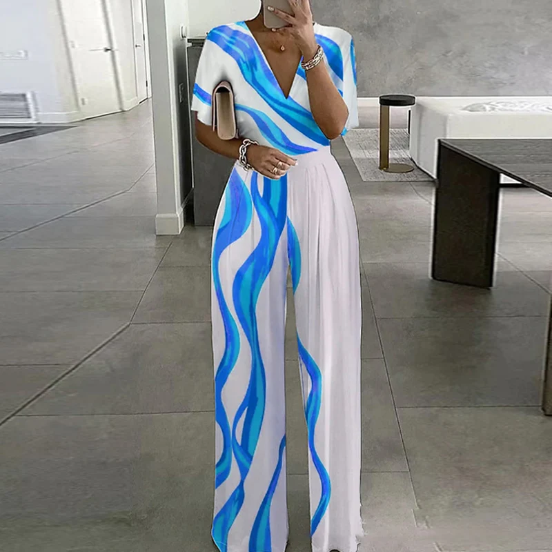 

Spring Striped Print Patchwork Women Jumpsuit Sexy V Neck High Waist Office Romper Summer Short Sleeve Wide Leg Straight Overall