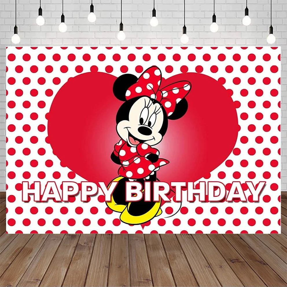 

Minnie Mouse Backdrop Happy Birthday Vintage Minnie Mouse 1st Birthday Background for Baby Girl Red Polka Dot Theme Baby Shower