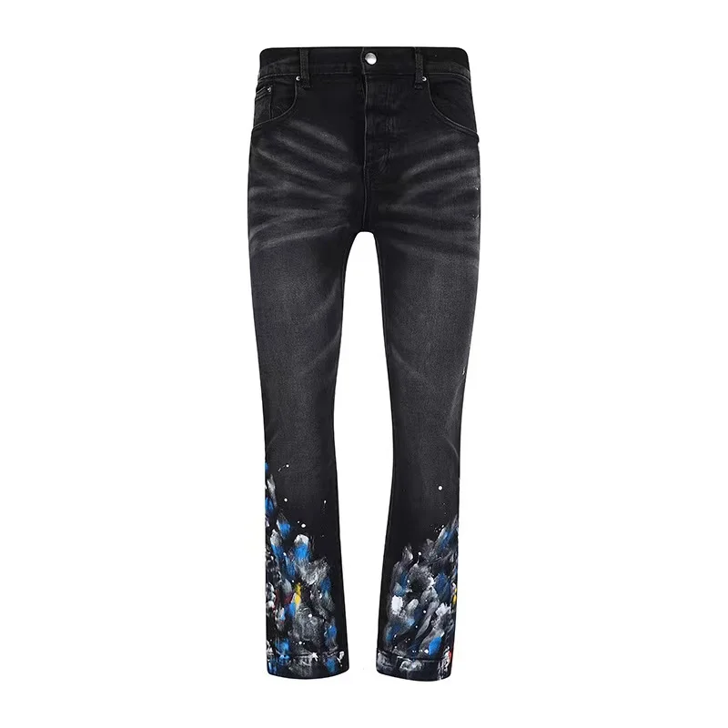 Summer Leather Embroidered Word Art Jeans Men Hole Casual Slim Cotton Stretch Scratches Bleached Scraped Feet Pencil Pants Tight