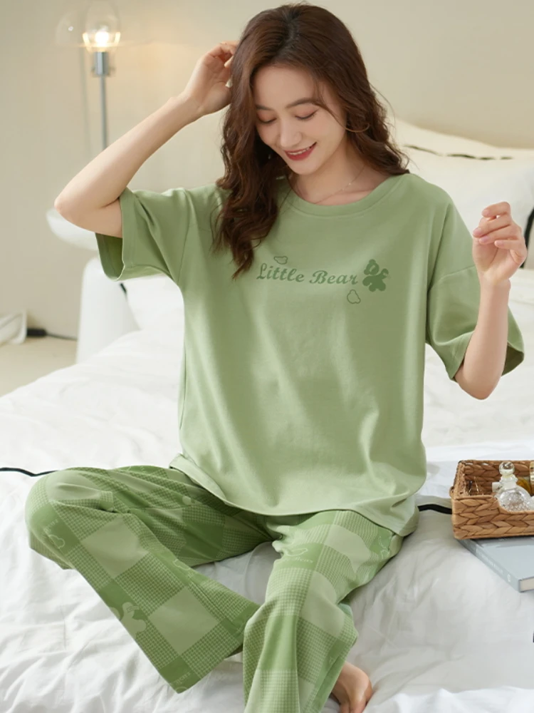 Women Pajama Sets Short Sleeved Cartoon Knitted Cotton Sleepwear Elegant Women's Pajamas Lounge Homewear Pijama Mujer