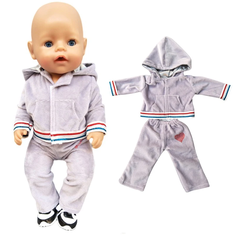 Doll Clothes 43 Cm Baby Bona Doll Boy Grey Hoody Sweater Pants for 18 Inch Girl Doll Casual Outfits Toys Wear