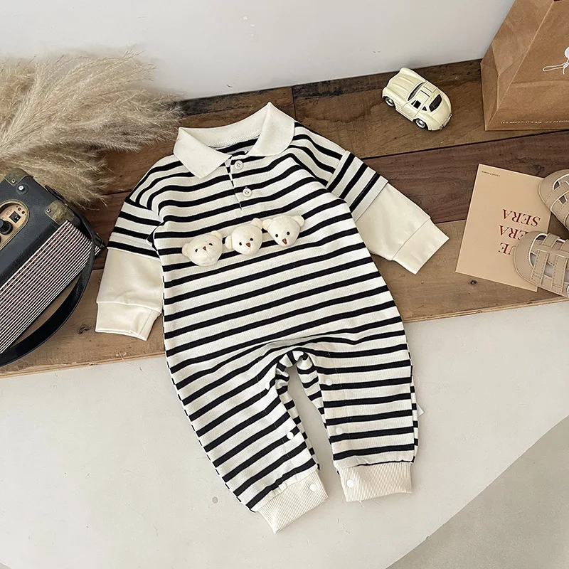 

0-2y Girls Fashion Striped Long Sleeves Romper Autumn Cute Turn-down Collar Cotton Jumpsuit Boys Cartoon Bear Rompers One Piece