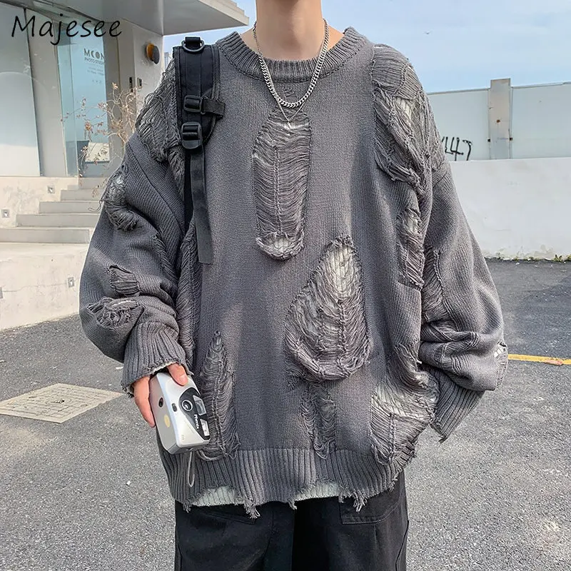 Ripped Sweaters Pullovers for Men Baggy High Street Retro Japanese Design Y2k Knitwear Harajuku Свитер Handsome Cool Teens Chic