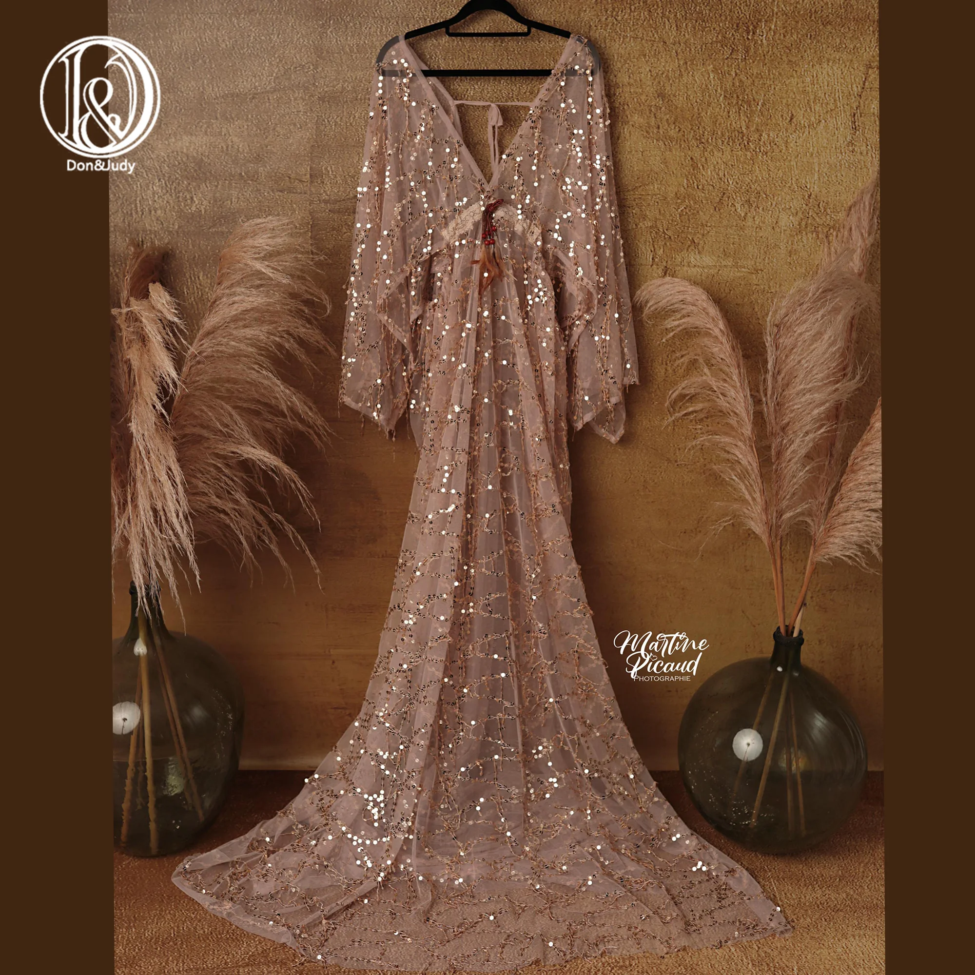 Don&Judy Boho Shiny Sparkly Robe Sequin Tulle Maternity Gown Woman Dresses Party Prom Photo Shoot Prop Photography Baby Shower