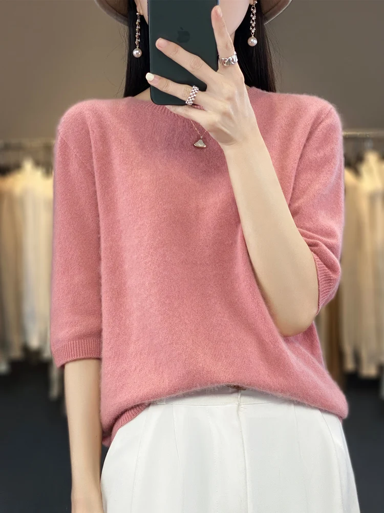 

New Spring Summer Short-sleeves Pullover Sweater For Women 100% Merino Wool O-neck Solid Knitwear Female Clothing Basic Tops