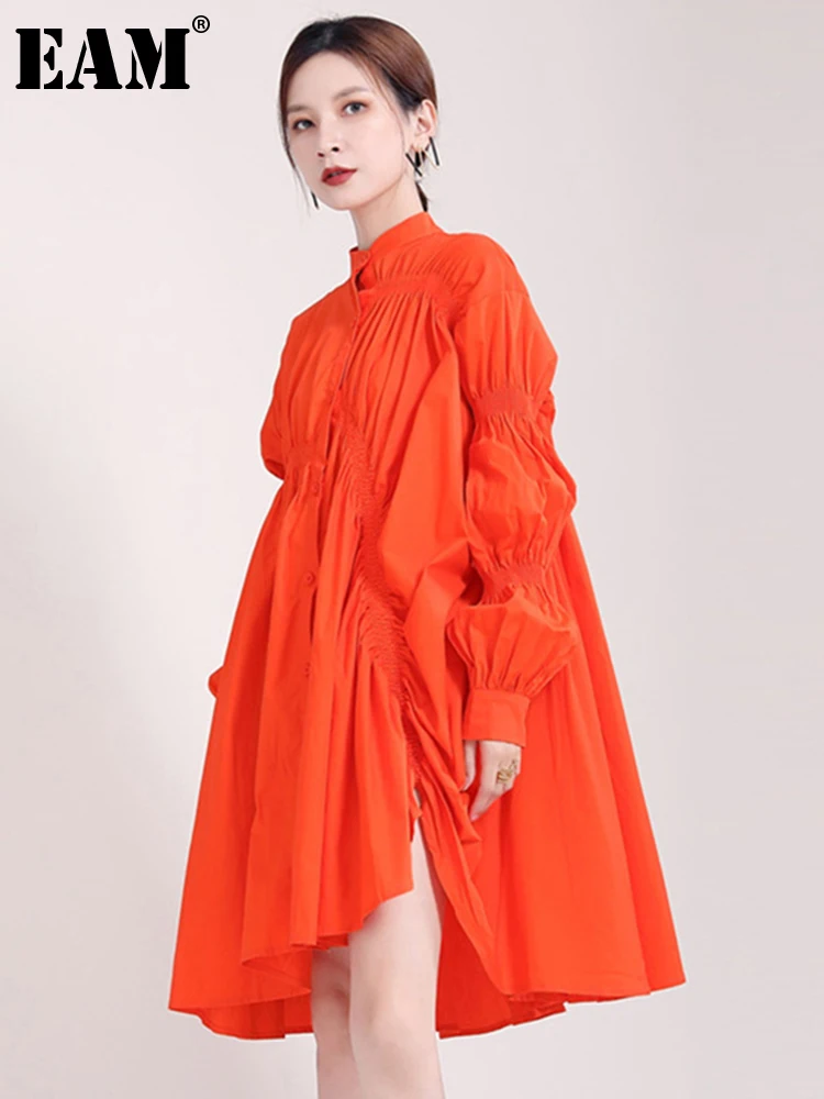 

[EAM] женское оранжевое Плиссированное асимметричное платье большого размера, новое свободное платье-рубашка с воротником-стойкой и длинным ...