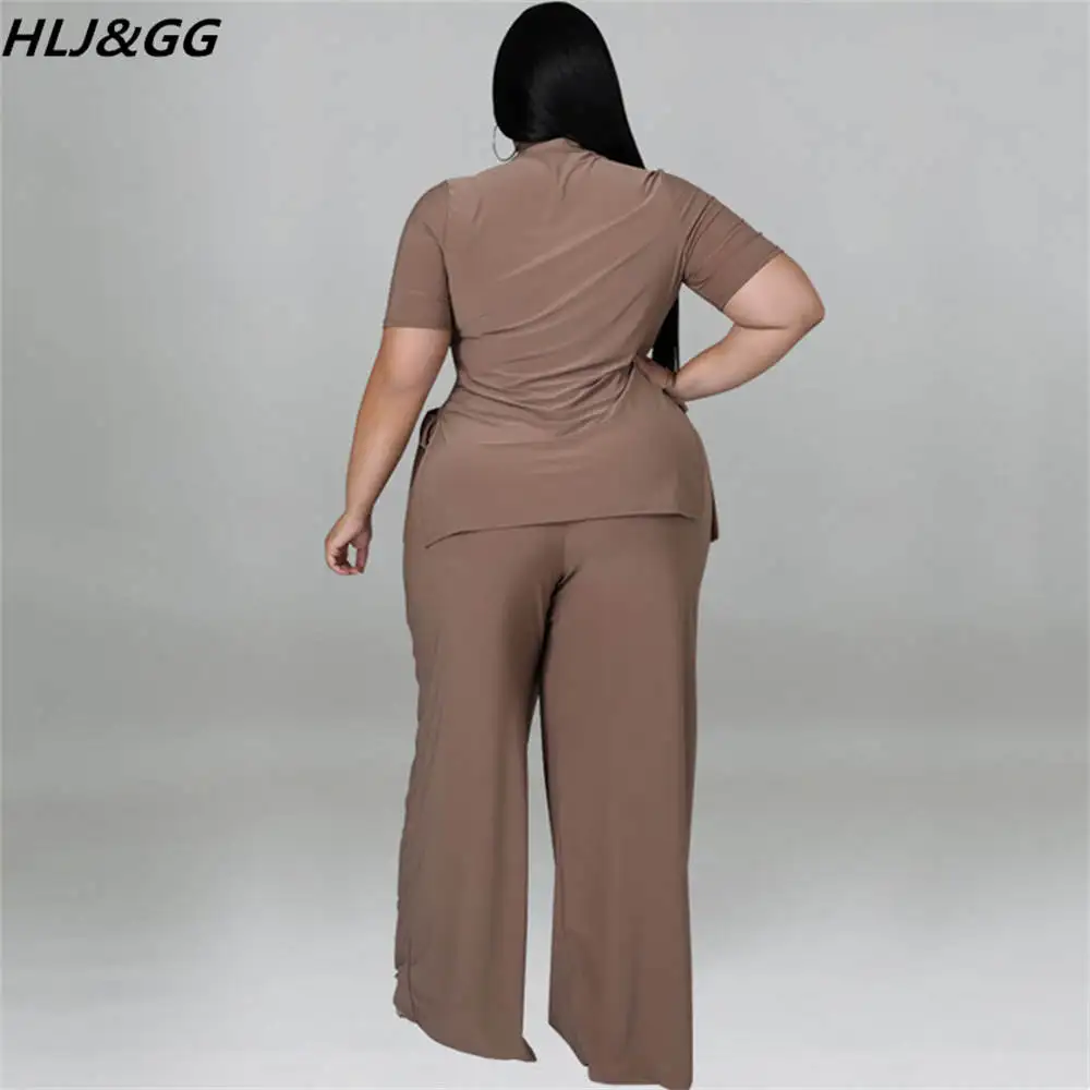 HLJ&GG Casual Plus Size Women Clothing XL-5XL Women Round Neck Short Sleeve Side Bandage Top And Wide Leg Pants Two Piece Sets