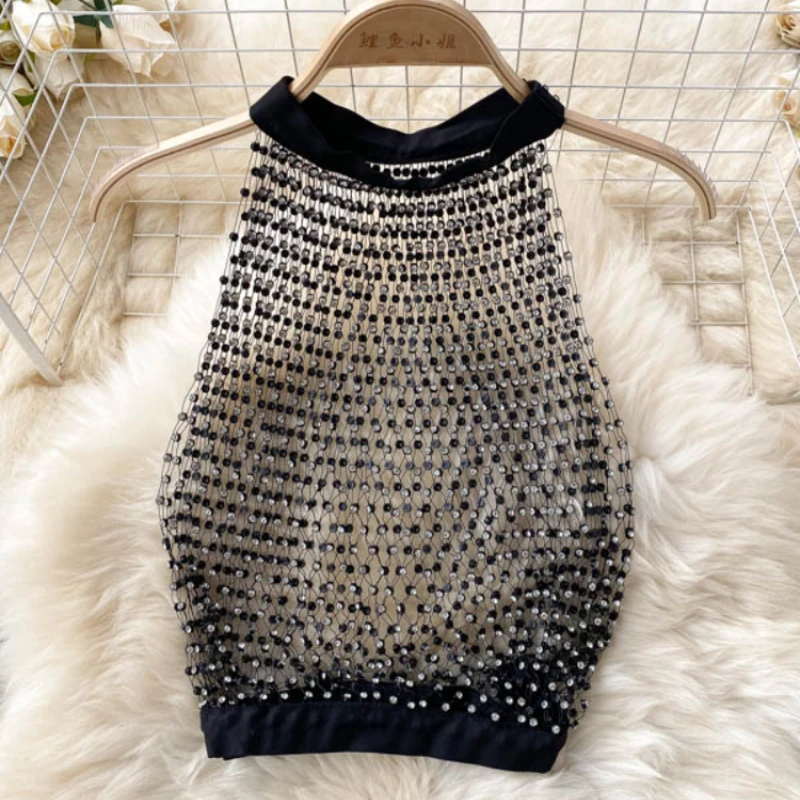 

Women's Summer Hollow Out Diamond Insert Crochet Camisole Elegance Female Beading O Neck Sleeveless Tank Tops Sheer No Chest Pad