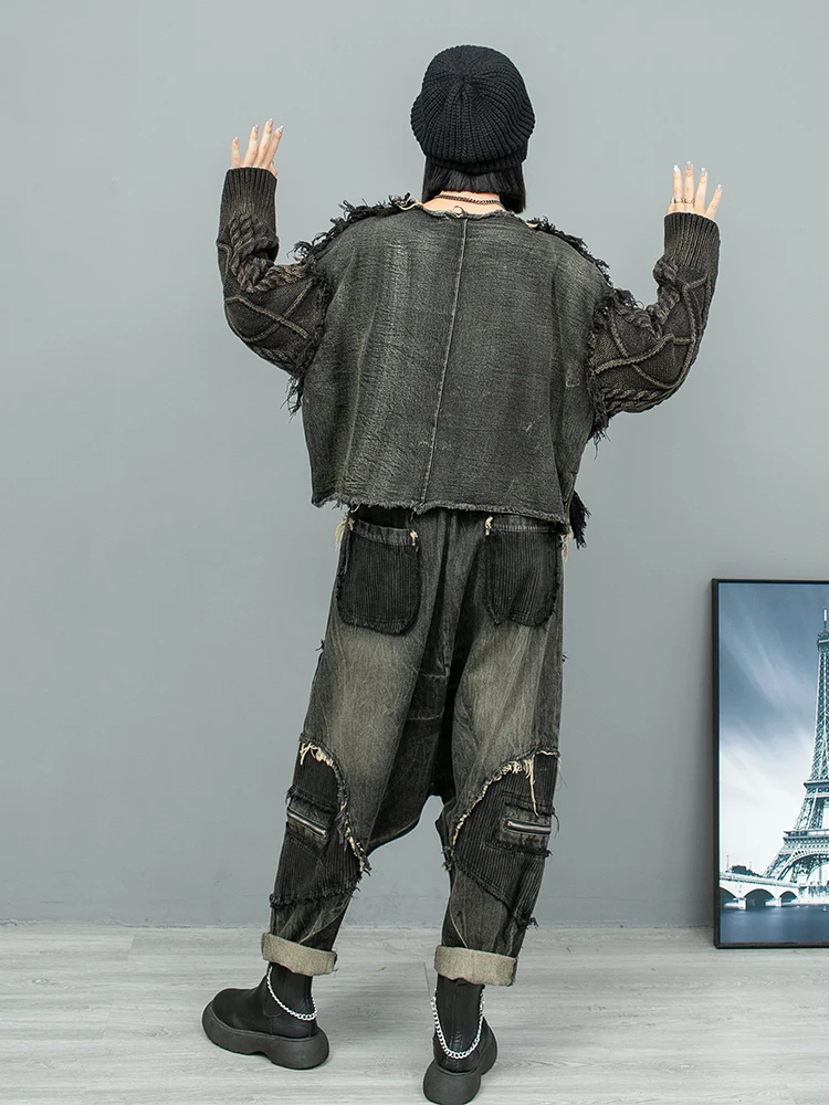 Индивидуальный Состаренный шерстяной джинсовый топ с прострочкой