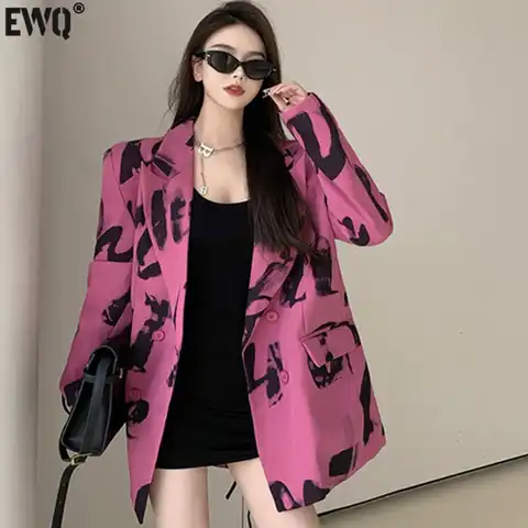 Женский пиджак с длинным рукавом [EWQ], розовый пиджак в Корейском стиле, свободный двубортный пиджак с разрезом и отложным воротником, Новинк...