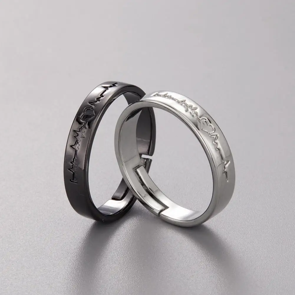 

2Pcs/set Romantic Couple Rings For Women Men Punk Heart ECG Black White Forever Love Promise Wedding Ring Valentine'S Day Gift