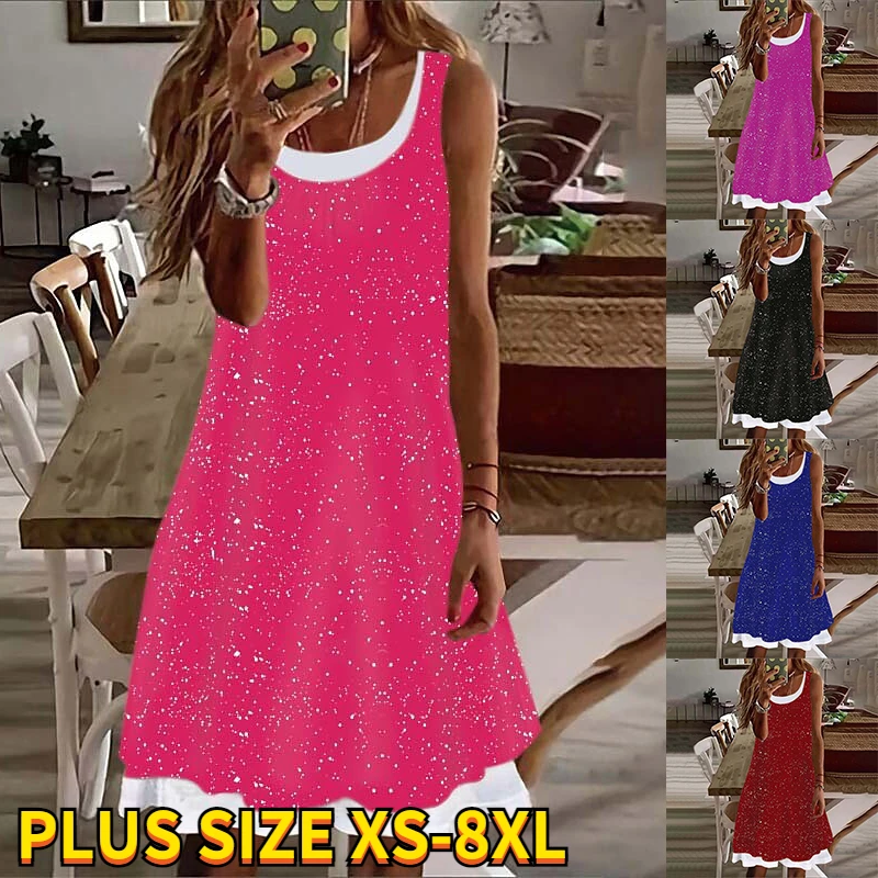 

2022 Summer Elegant Women's Star Printed Painting Dress Round Neck Knee Length Sleeveless Dress Casual Streetwear Plus Size New