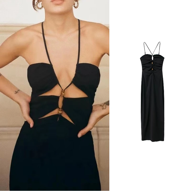 

ZA Sexy Solid Black Corset Cami Dress Women Fashion 2022 Summer Hollow Out Back Split Midi Party Dress Sheath Vestidos