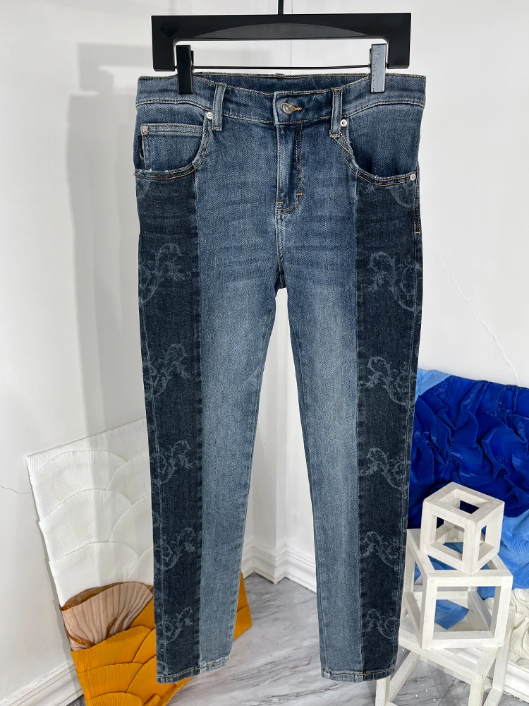 Europe Style Spring Summer Chic Men's High Quality Patchwork Print Jeans Denim Straight Pants C619