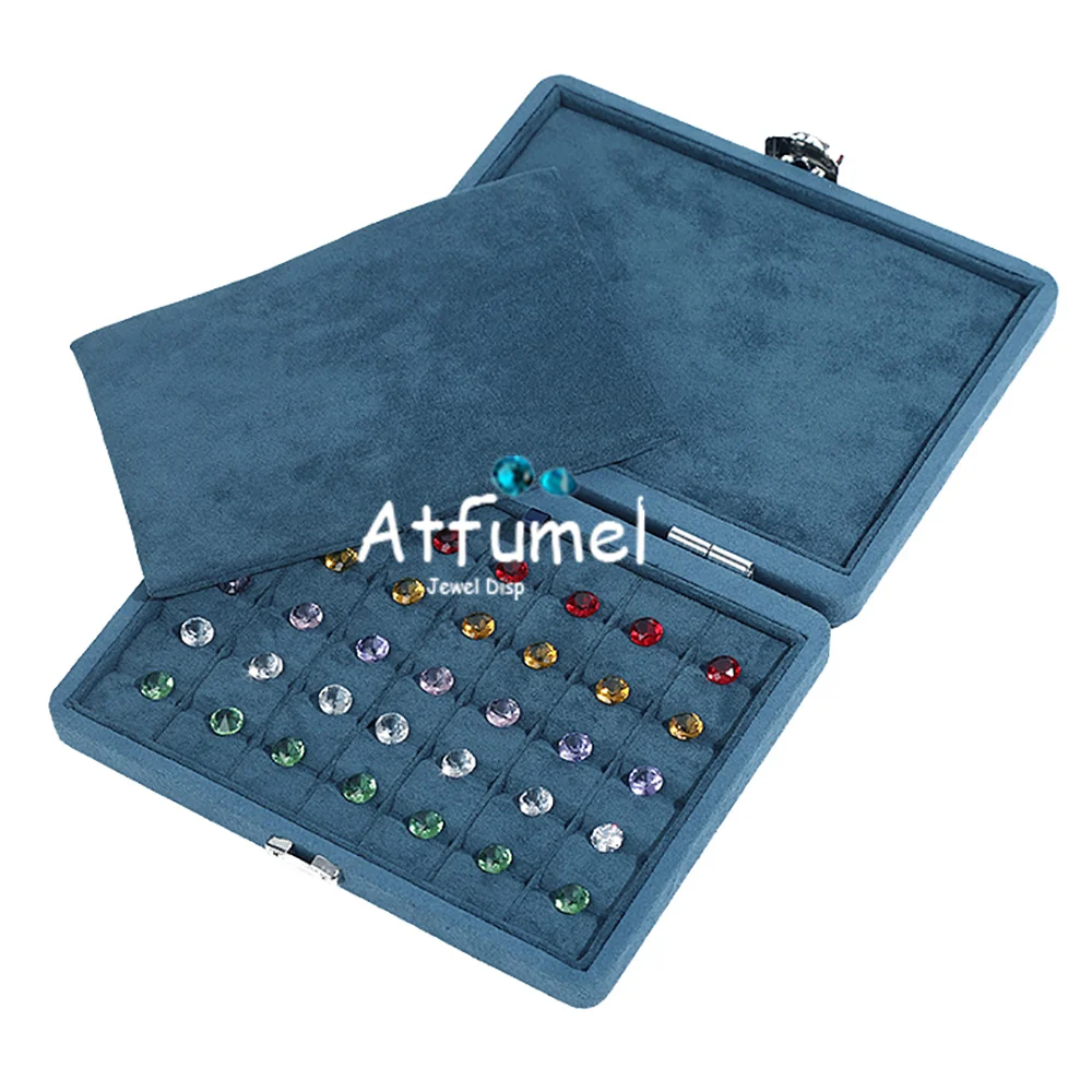 Quality 35Slots Diamond Storage Box PU Gemstone Organizer Exhibition Case Gems Packaging Carring Box Stone Showcase Blue Velvet