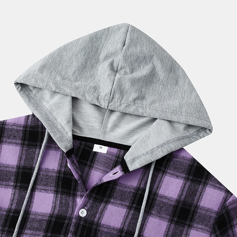 Parklees Purple Checked Hooded Shirts for Men 2023 Spring New Casual Long Sleeve Plaid Shirt Fashion Hip Hop Streetwear Chemise