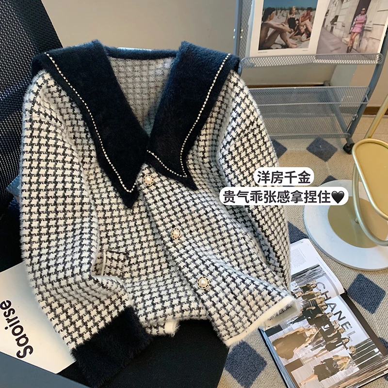 

Women Fashion With Houndstooth Jacket Coat Vintage Long Sleeve Navy Leader Female Outerwear Top