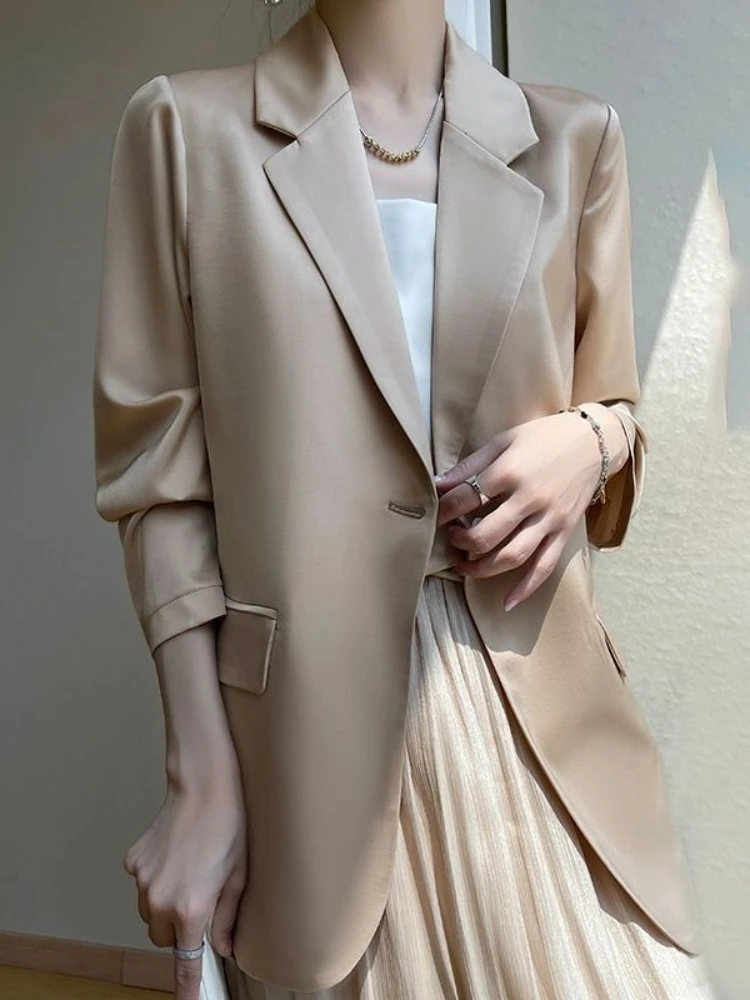 

Chic and Elegant Woman Jacket Solid Color Silk Jackets Female Oversize Champagne White Satin Fashion Blazers for Women Spring