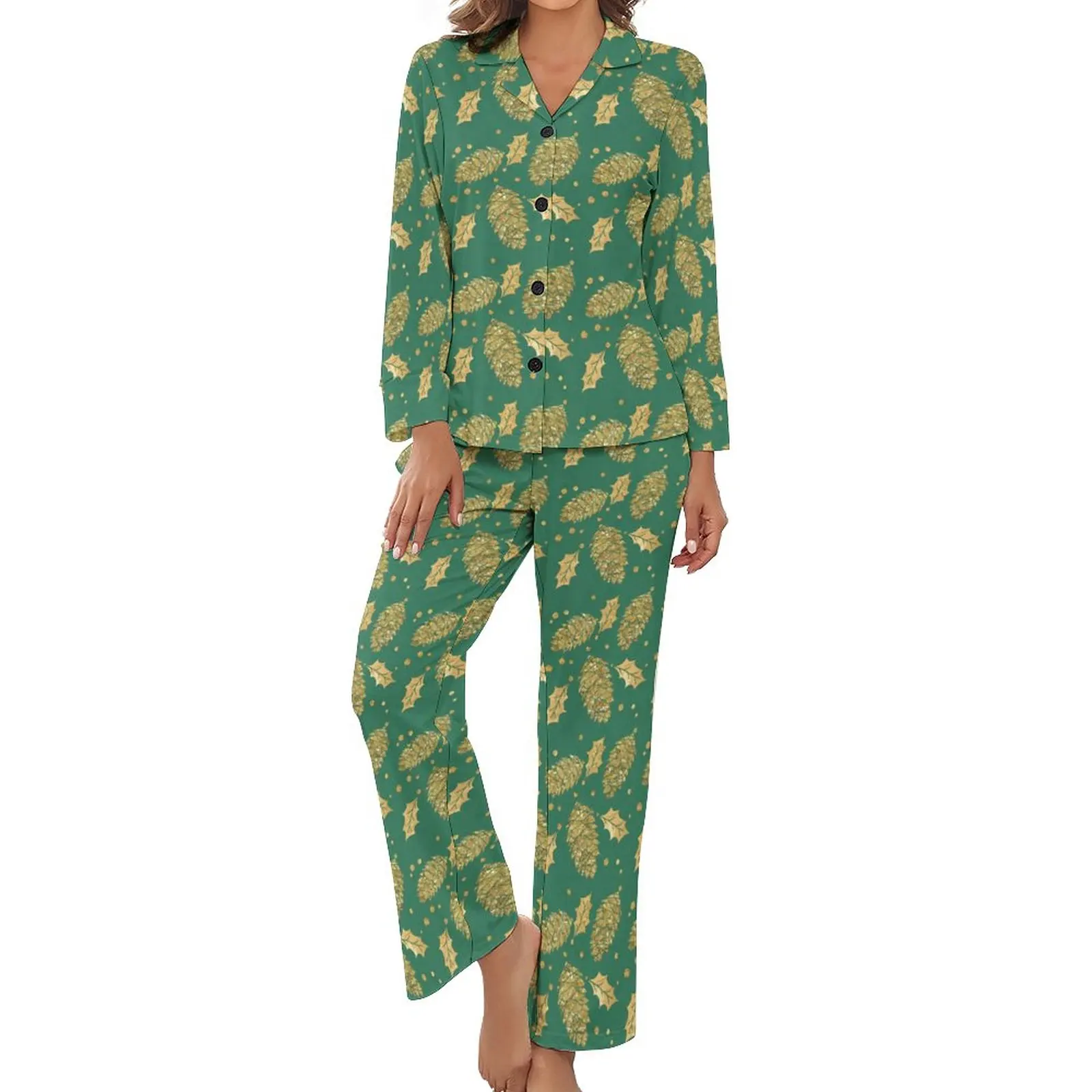 

Pine Cones And Holly Pajamas Gold Plants Night V Neck Sleepwear Women 2 Pieces Printed Long Sleeve Retro Pajama Sets