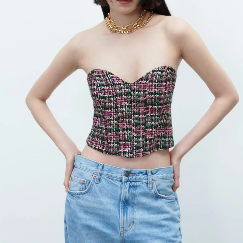 Женский клетчатый укороченный топ зеленая клетчатая рубашка без бретелек с
