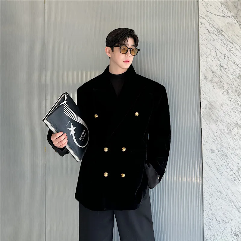 Tangz Studio Old Money Sle золотой бархатный двубортный костюм с профилем мужской корейский