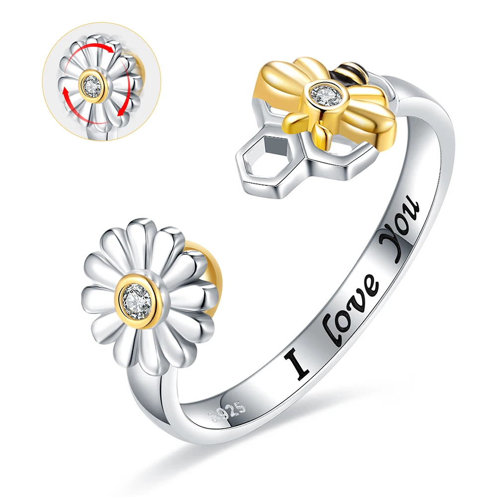 

925 Sterling Silver Spinner Daisy Flower Bee Ring Adjustable Fidget Anxiety Worry Stress Relief Jewelry Gift for Women Men Girls