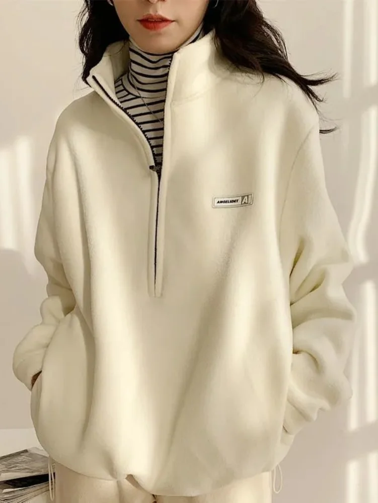 

Women Elegant Zipper Stand Neck Fleece Hoodies Korean Velvet Sweatshirt Casual Loose Oversized Tops Vintage Harajuku Pullover