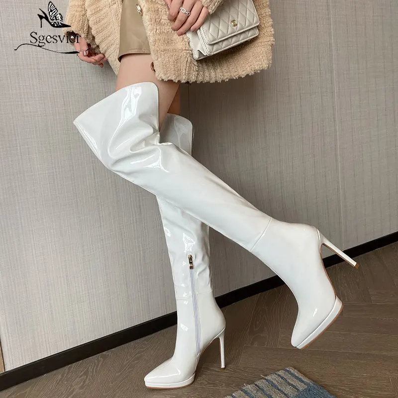 

Sgesvier Patent Leather 2022 New Pointy-toe Sexy Stripper Heels Wide Open Thigh Calves Stilettos Over-the-knee Women Boots
