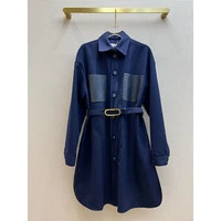 22 spring women blue spliced sheepskin pocket midi long trench coat with belt long sleeve turn down collar fashion windbreaker