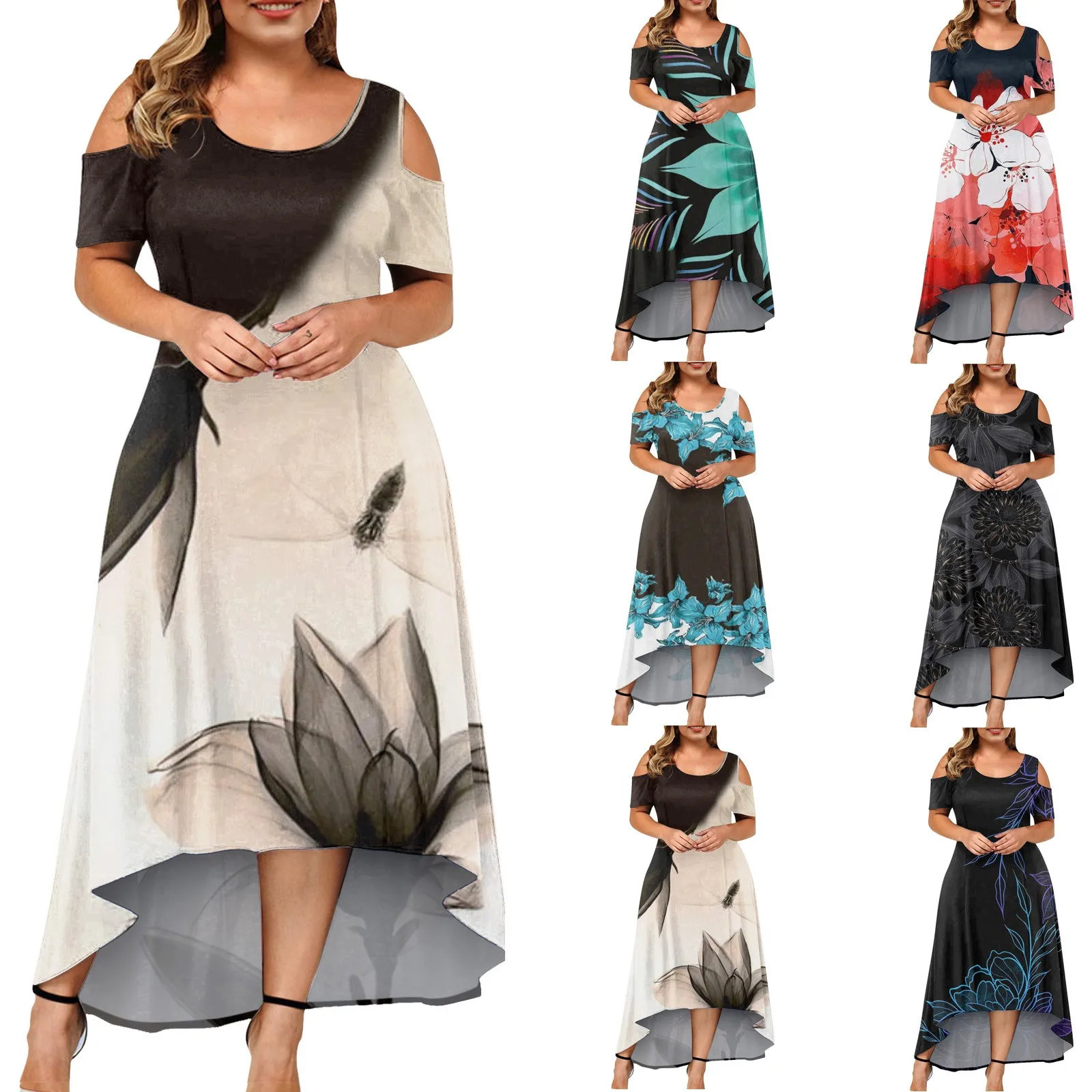 

Women's Large Size Short Sleeve Fashion Print Round Neck Strapless Irregular Hem Dress Vestidos Baratos Con Envíos Gratis