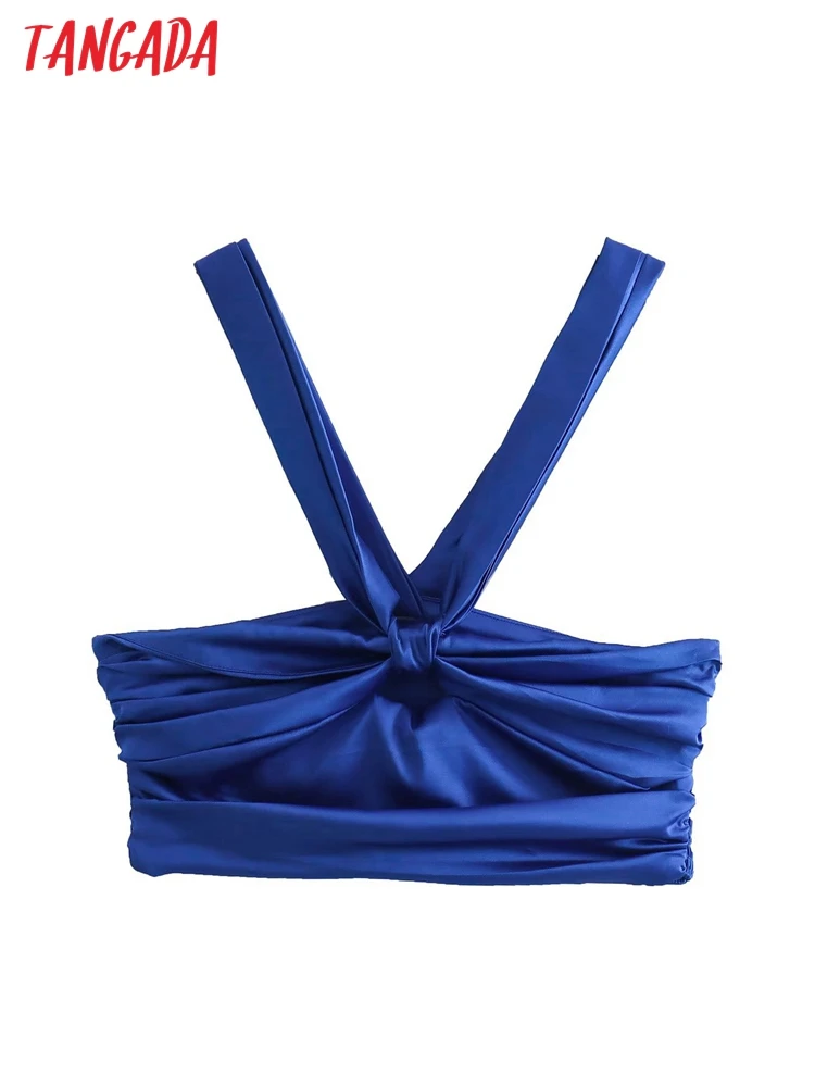 

Tangada Women Blue Satin Bow Bralette Camis Crop Top Strap Backless Short Shirts Female Tops QJ80