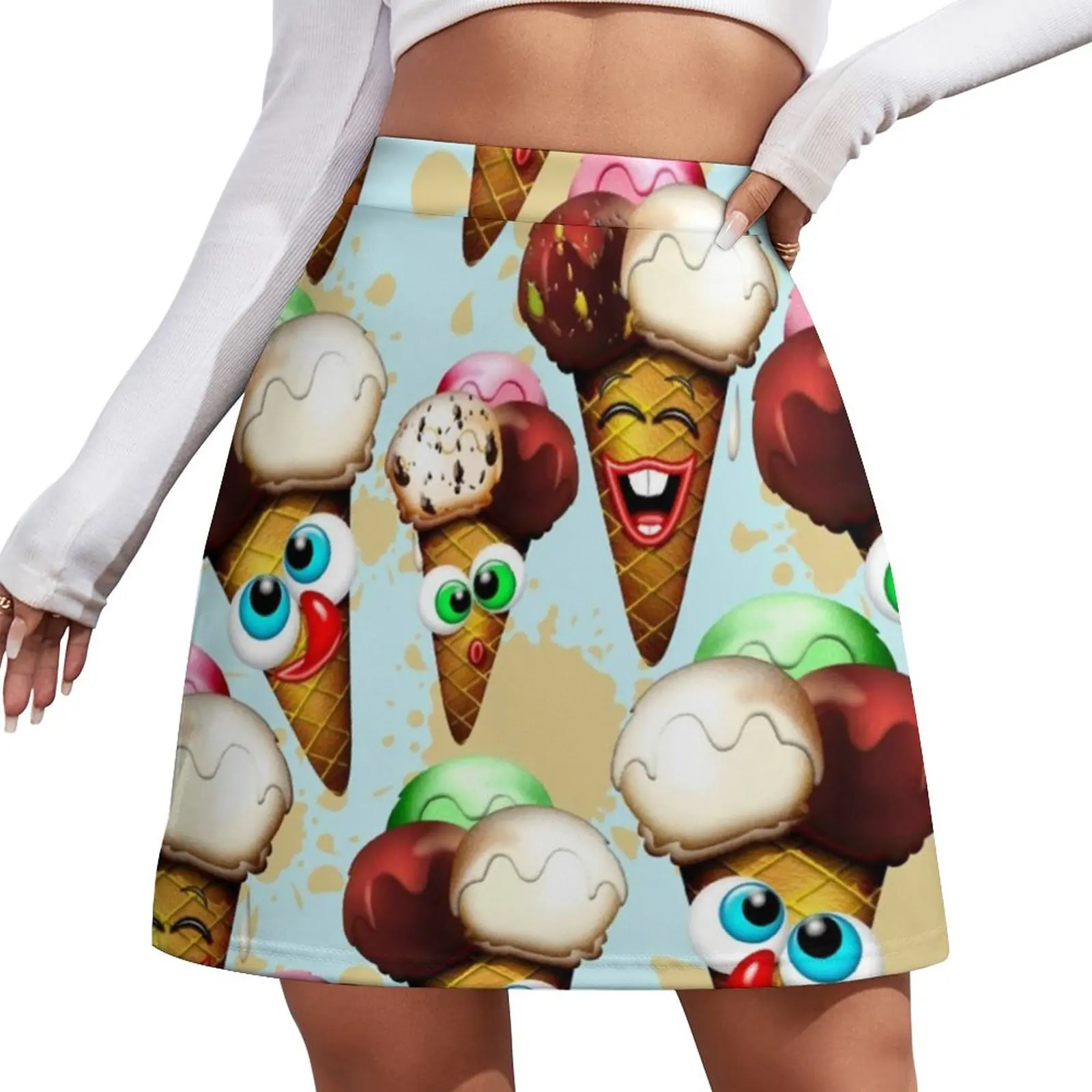 Юбка-трапеция с рисунком мороженого, модная повседневная элегантная мини-юбка в Корейском стиле, с мультяшным принтом, подарок на день рожд...