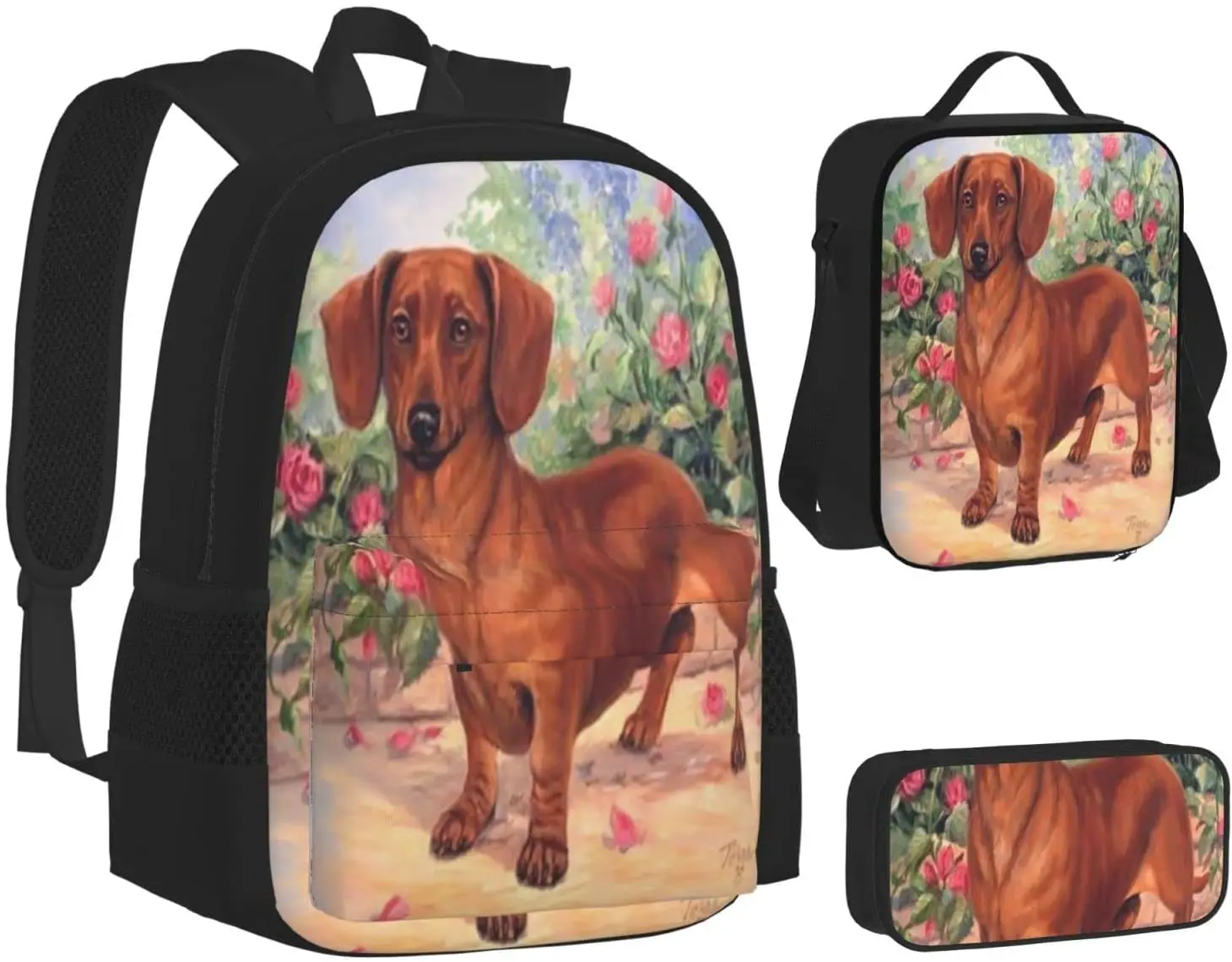 Kids School Backpack Dachshund Dog Schoolbag Travel Bag Casual Daypack Lunch Bag Pencil Case for Boys Teens Girls 3pcs Sets