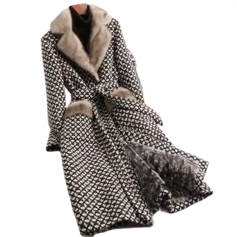 

High Quality Houndstooth Women Woolen Coat Thicken Winter Tweed Parka Overcoat Mid-Length Faux Mink Fur Coat Outerwear With Belt