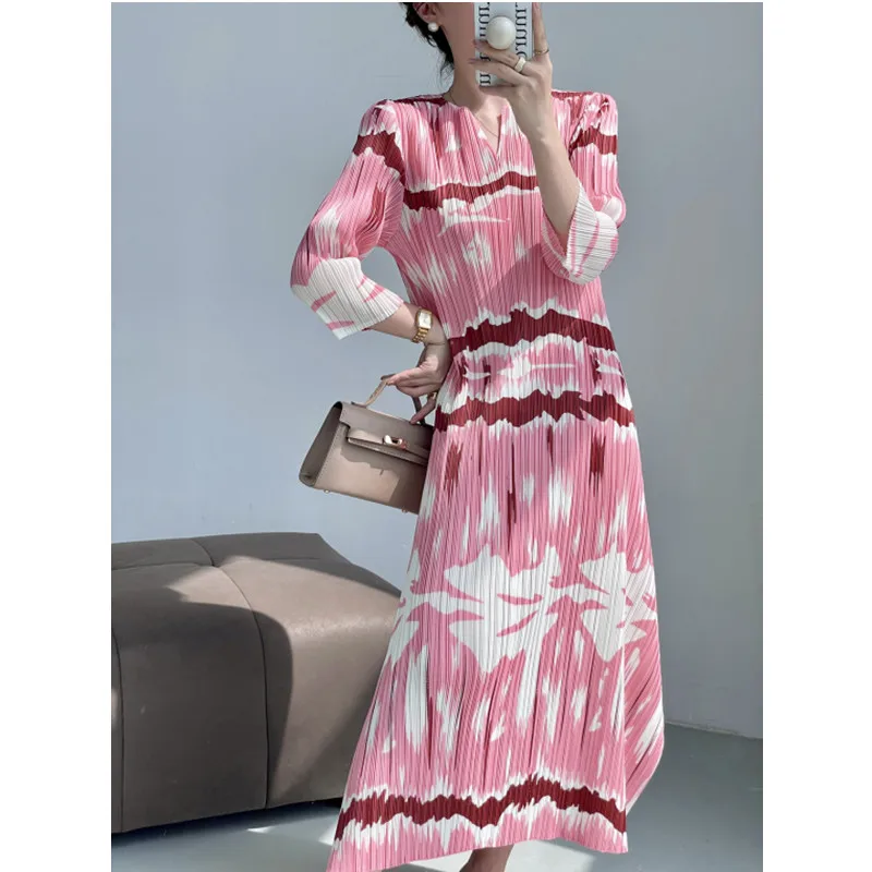 

Женское платье с V-образным вырезом, элегантное плиссированное платье с длинным рукавом и разрезом, лето 2023