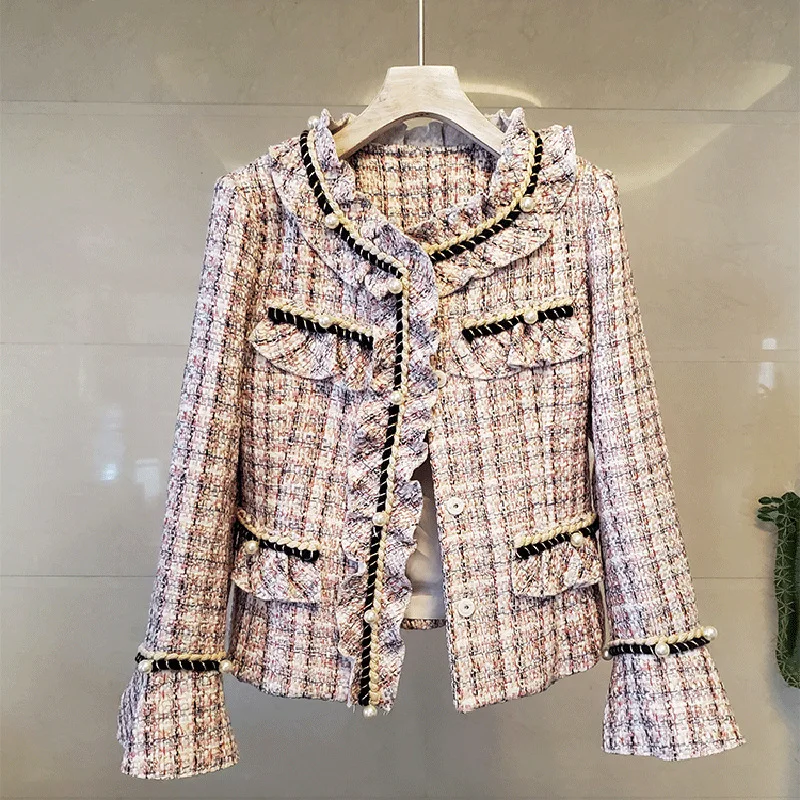 Women Vintage Tweed Jacket High-End O-Neck Single Breasted Pearl Button Short Jackets Autumn Winter Lady Wool Coat Femme E218