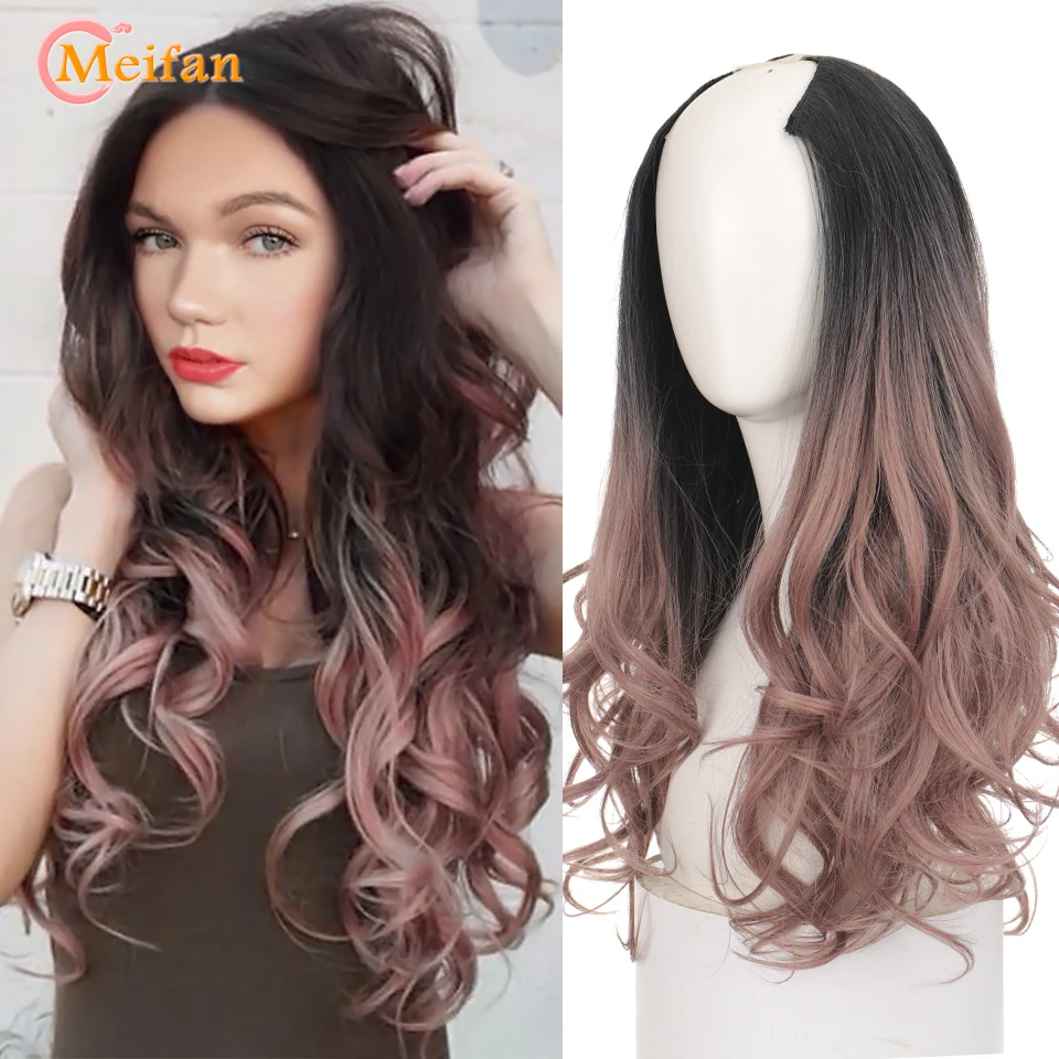 MEIFAN Synthetic Long Straight/ Wavy Curly U-Shaped Half Wig for Women Natural Brown Black Wigs Fake Hair Extensions
