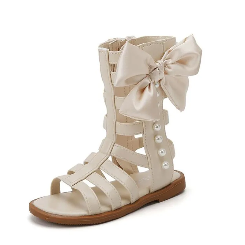 

MODX Fashion Girls Sandals Kids Flat Girls' Princess Bow Pearl Sandals High Tube Boots Back Roma Shoes Casual Beach Sandals