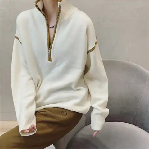 Casual Knitted Zipper Hoody Hoodie For Women Casual Outdoor High Neck Sweater Fashion Loose  Long Sleeve Pullovers